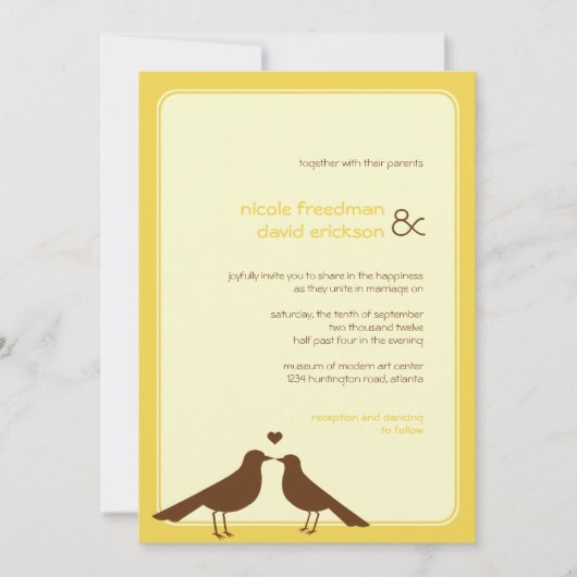 恋コンテンポラリー鳥黄色結婚式招待状 招待状 (正面)