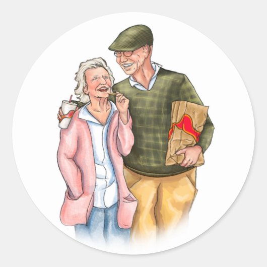 恋人たちの結婚記念日、老夫婦、かわいい ラウンドシール (正面)