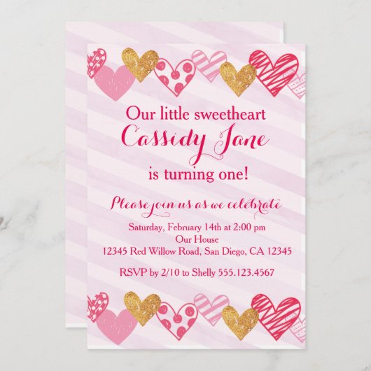 恋人のハートの誕生日の招待状 招待状 (正面/裏面)