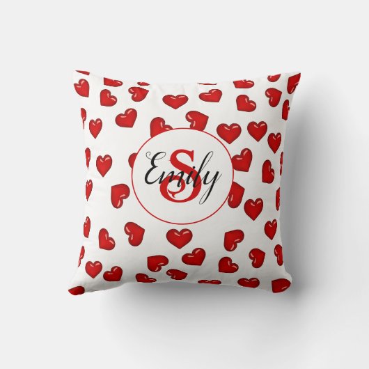 恋人の赤いハートパターンの白モノグラムの色 クッション (裏面)
