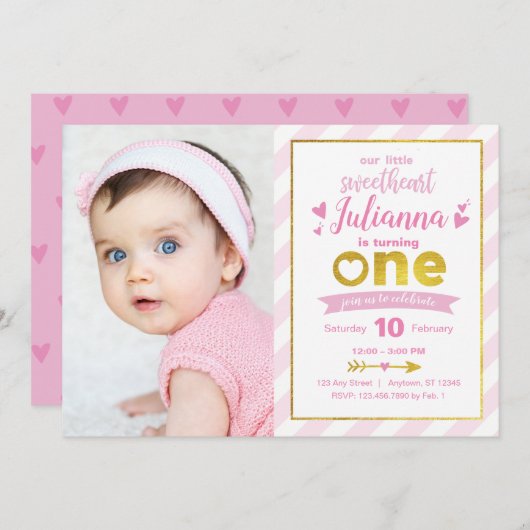 恋人の金ゴールドのピンクのバレンタインの第1誕生日の招待 招待状 (正面/裏面)