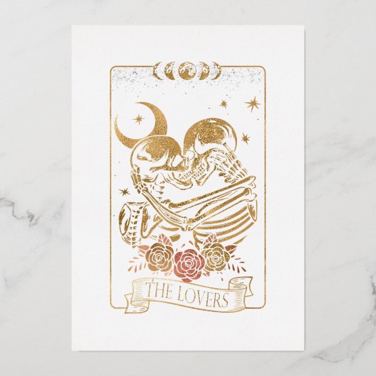 恋人 タロットカード ヴィンテージ スカル ハロウィン ゴス 箔招待状 (正面)