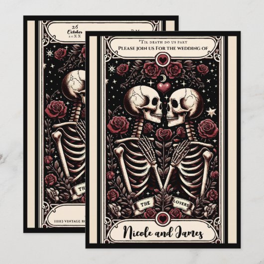 恋人 タロット スケルトン ラブ 赤いバラ ウェディング 招待状 (正面/裏面)