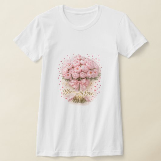 恋愛で花開く,ピンクの芍薬の花 ロマンティックTシャツ Tシャツ (レイダウン)