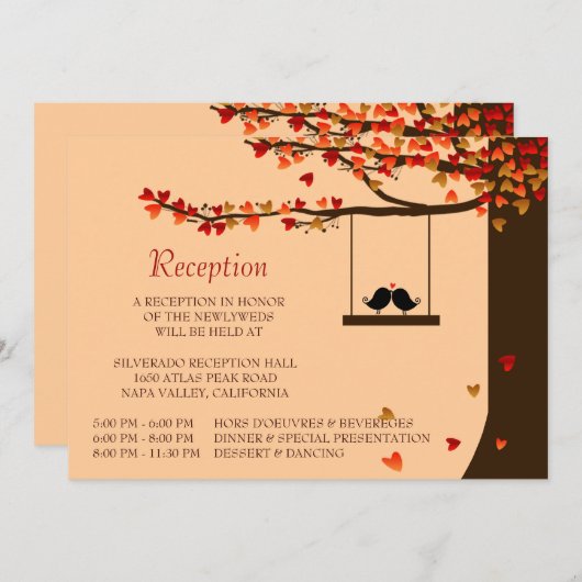 恋愛の鳥が落ちるハートのオークの木の受付カード 招待状 (正面/裏面)