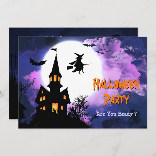 恐く幽霊のよく出るな城の飛んでいるな魔法使いのハローウィンパーティ 招待状 (正面/裏面)