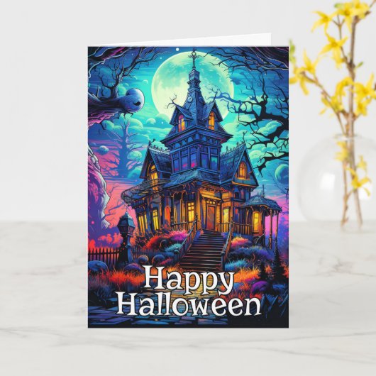 恐ろしいオールドハ幽霊のよく出るウス |ハッピーハローウィン カード (黄色い花)