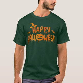 恐ろしいカボチャ顔と魔女を持つハッピーハローウィン Tシャツ