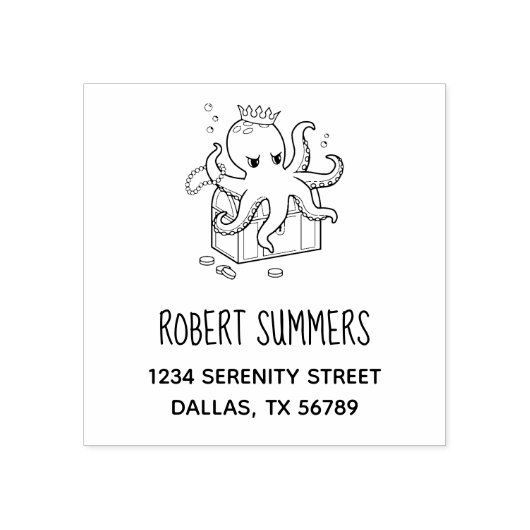 恐ろしいタコが宝箱を守る住所 ラバースタンプ (インプリント)