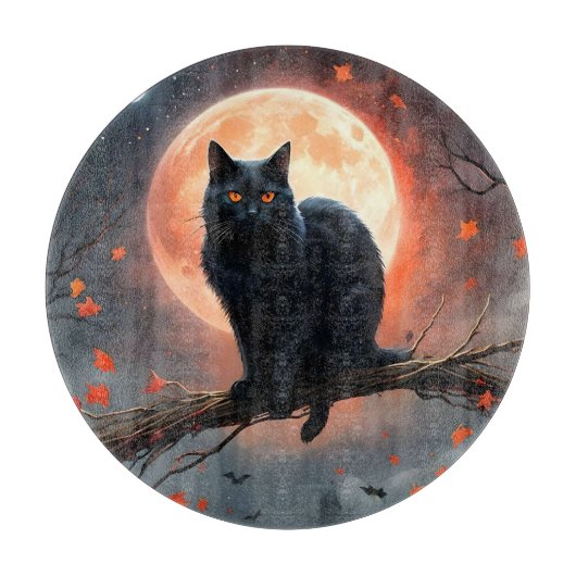 恐ろしいハロウィーンの黒猫の月明かり カッティングボード (正面)