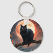 恐ろしいハロウィーンの黒猫の月明かり キーホルダー (正面)