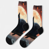 恐ろしいハロウィーンの黒猫の月明かり ソックス (左)