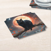 恐ろしいハロウィーンの黒猫の月明かり ペーパーコースター (アングル)