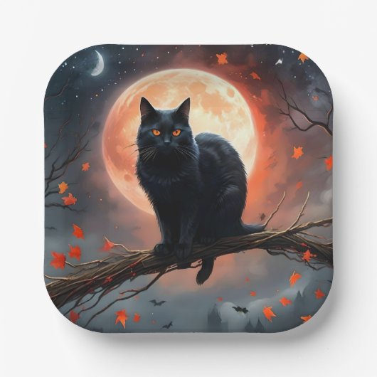 恐ろしいハロウィーンの黒猫の月明かり ペーパープレート (正面)