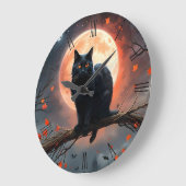 恐ろしいハロウィーンの黒猫の月明かり ラージ壁時計 (傾斜)