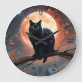 恐ろしいハロウィーンの黒猫の月明かり ラージ壁時計 (正面)