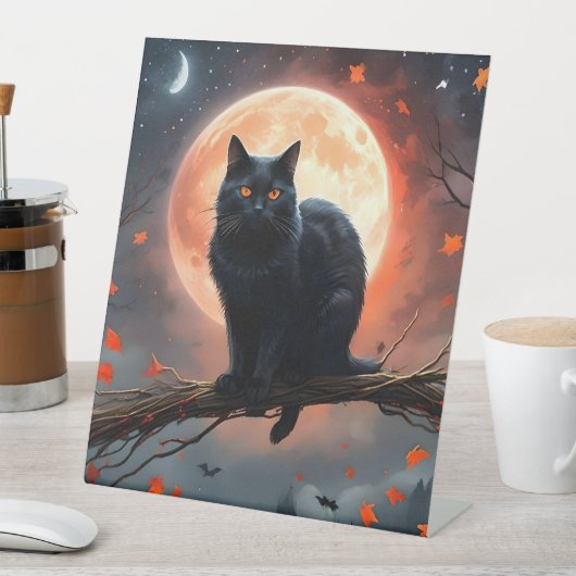 恐ろしいハロウィーンの黒猫の月明かり 台座サイン (インサイチュ)