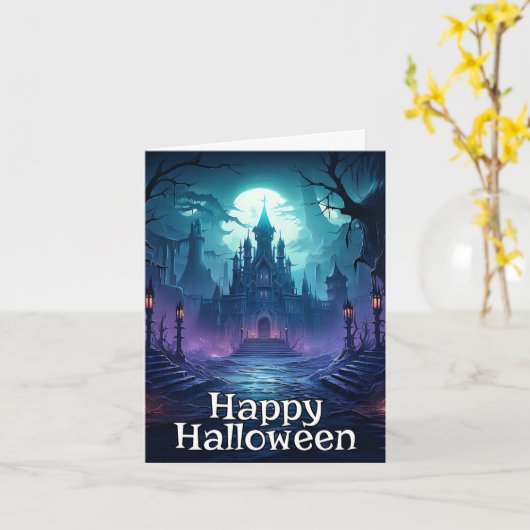 恐ろしい不気味ハ幽霊のよく出るウス |ハッピーハローウィン カード (黄色い花)