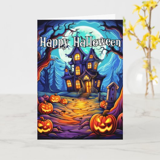 恐ろしい幽霊のよく出る家 |ハッピーハローウィン カード (黄色い花)