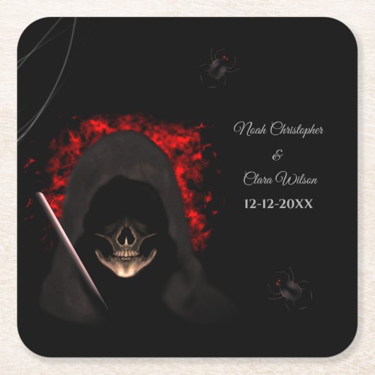 恐ろしい赤いムードのゴシック様式のスカルハロウィーンスパイダー スクエアペーパーコースター (正面)