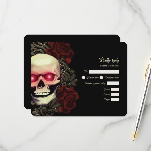 恐ろしい赤フローラ暗黒ゴシックスカルハロウェディング 出欠カード (正面/裏面インサイチュ)