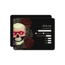 恐ろしい赤フローラ暗黒ゴシックスカルハロウェディング 出欠カード