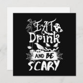 恐怖とユーモアのブラック&ホワイト・デザイン Eat Drink And Be Scary 招待状 (正面/裏面)
