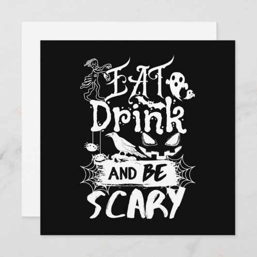 恐怖とユーモアのブラック&ホワイト・デザイン Eat Drink And Be Scary 招待状 (正面/裏面)