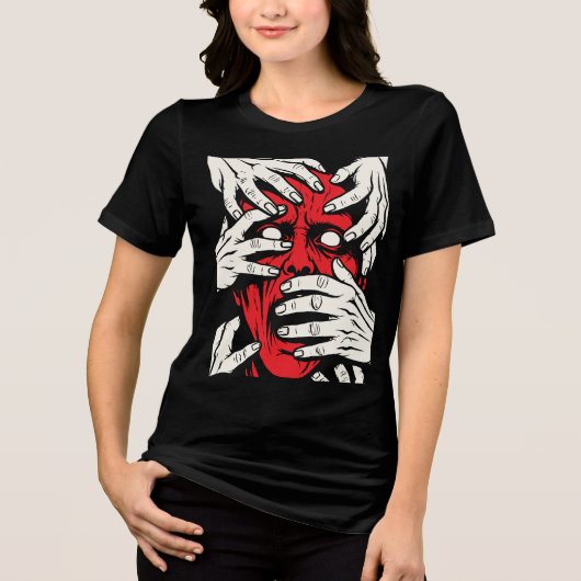 恐怖の赤い悪魔の顔の手で覆われたアート トライブレンドTシャツ (正面)