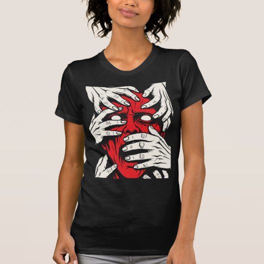 恐怖の赤い悪魔の顔の手で覆われたアート Tシャツ (正面)