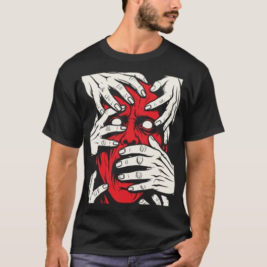 恐怖の赤い悪魔の顔の手で覆われたアート Tシャツ (正面)