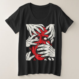 恐怖の赤い悪魔の顔の手で覆われた顔 芸術 プラスサイズTシャツ