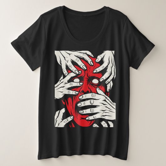 恐怖の赤い悪魔の顔の手で覆われた顔 芸術 プラスサイズTシャツ (デザイン正面)