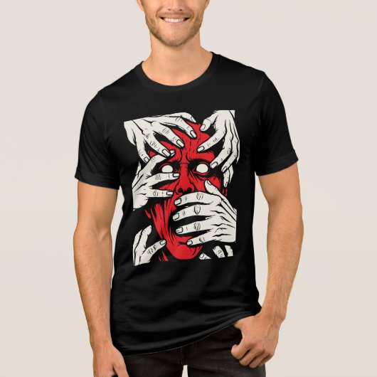 恐怖の赤い悪魔の顔の芸術作品 手で顔を覆う トライブレンドTシャツ (正面)