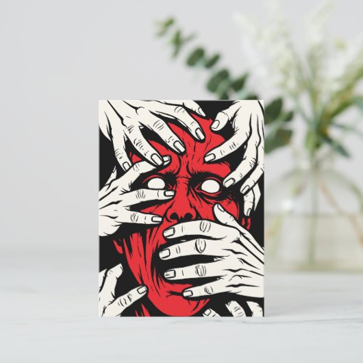 恐怖の赤い悪魔の顔の芸術 手で顔を覆う ポストカード (スタンド正面)