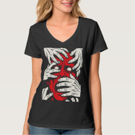恐怖の赤い悪魔の顔の芸術 手で顔を覆う Tシャツ