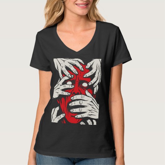 恐怖の赤い悪魔の顔の芸術 手で顔を覆う Tシャツ (正面)