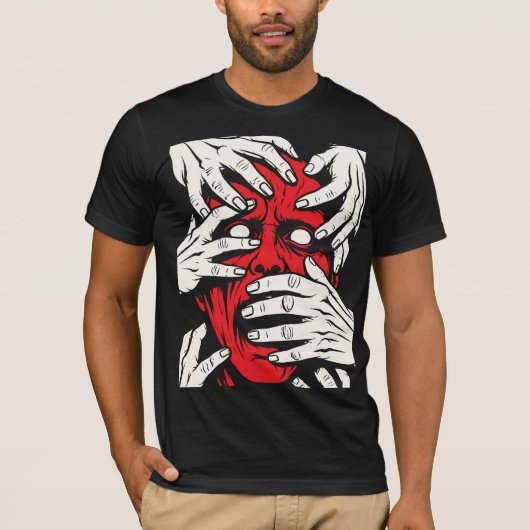 恐怖の赤い悪魔の顔の芸術 手で顔を覆う Tシャツ (正面)