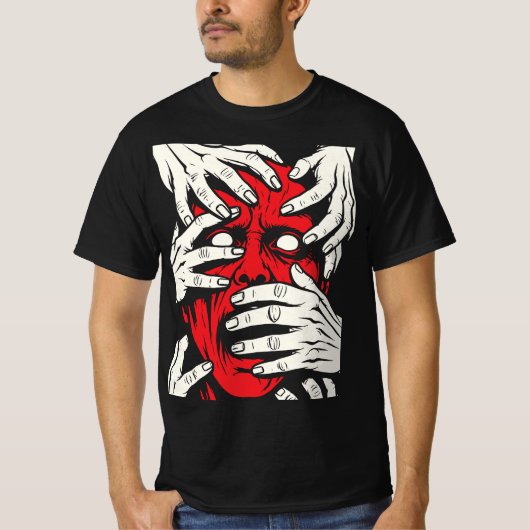 恐怖の赤い悪魔の顔を覆う手の芸術 Tシャツ (正面)