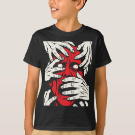 恐怖の赤い悪魔の顔 手で覆われたホラーアート Tシャツ