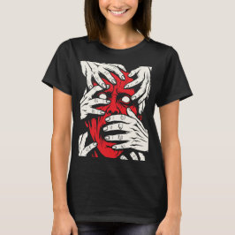 恐怖の赤い悪魔の顔 手で覆われたホラーアート Tシャツ