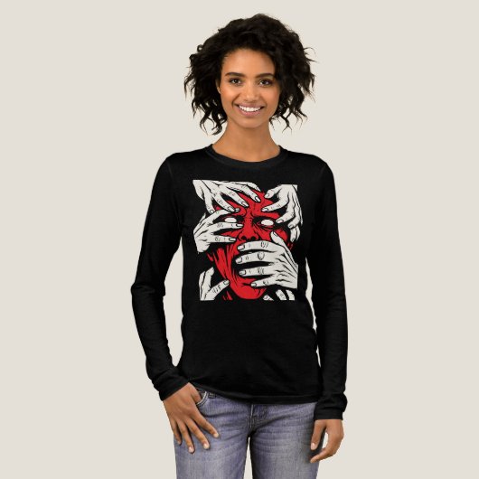 恐怖の赤い悪魔の顔 手で顔を覆う ホラーアート トライブレンドTシャツ (正面全体)