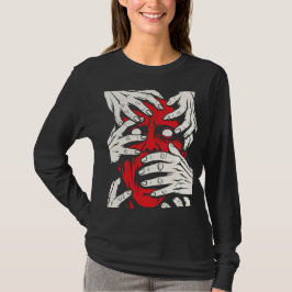 恐怖の赤い悪魔の顔 手で顔を覆う ホラーアート Tシャツ
