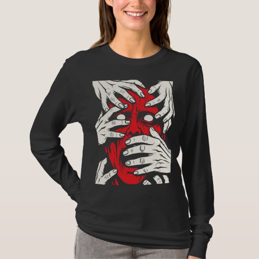 恐怖の赤い悪魔の顔 手で顔を覆う ホラーアート Tシャツ (正面)