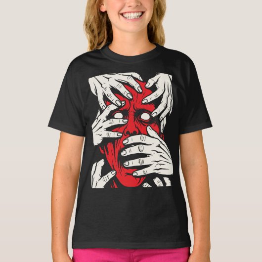 恐怖の赤い悪魔の顔 手で顔を覆う ホラーアート Tシャツ (正面)