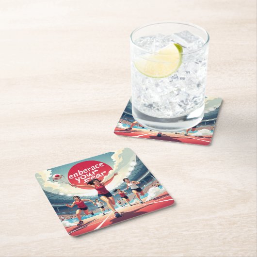 恐怖を受け入れる – かわいいやる気を起こさせるランナー スクエアペーパーコースター (インサイチュ)