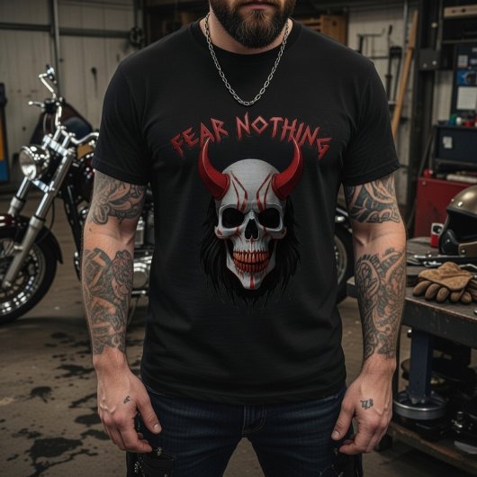 恐怖を知らず 赤い角のドクロ グラフィック Tシャツ