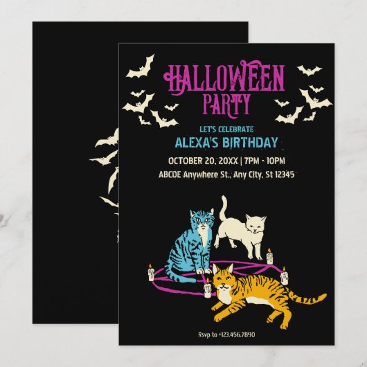 恐怖猫カルトハロウィン誕生日招待状 招待状 (正面/裏面)