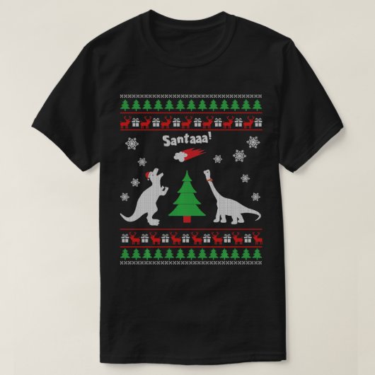 恐竜おもしろいとサンタの醜いクリスマスセーター Tシャツ (デザイン正面)