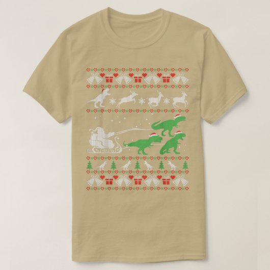 恐竜おもしろいとサンタの醜いクリスマスセーター Tシャツ (デザイン正面)